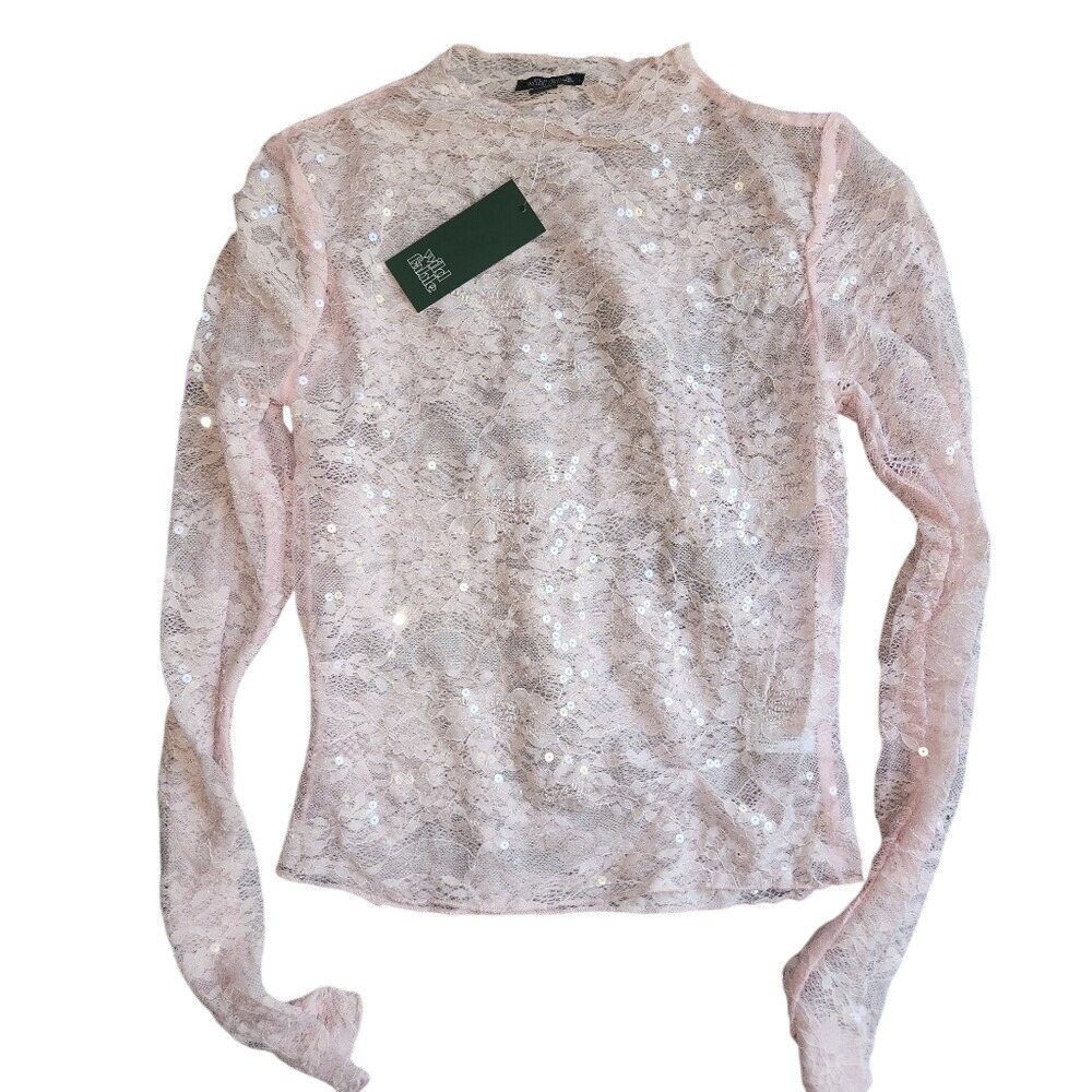 Wild Fable Women Light Pink Sequin Lace‎ Mock Neck Long Sleeve Top Size S